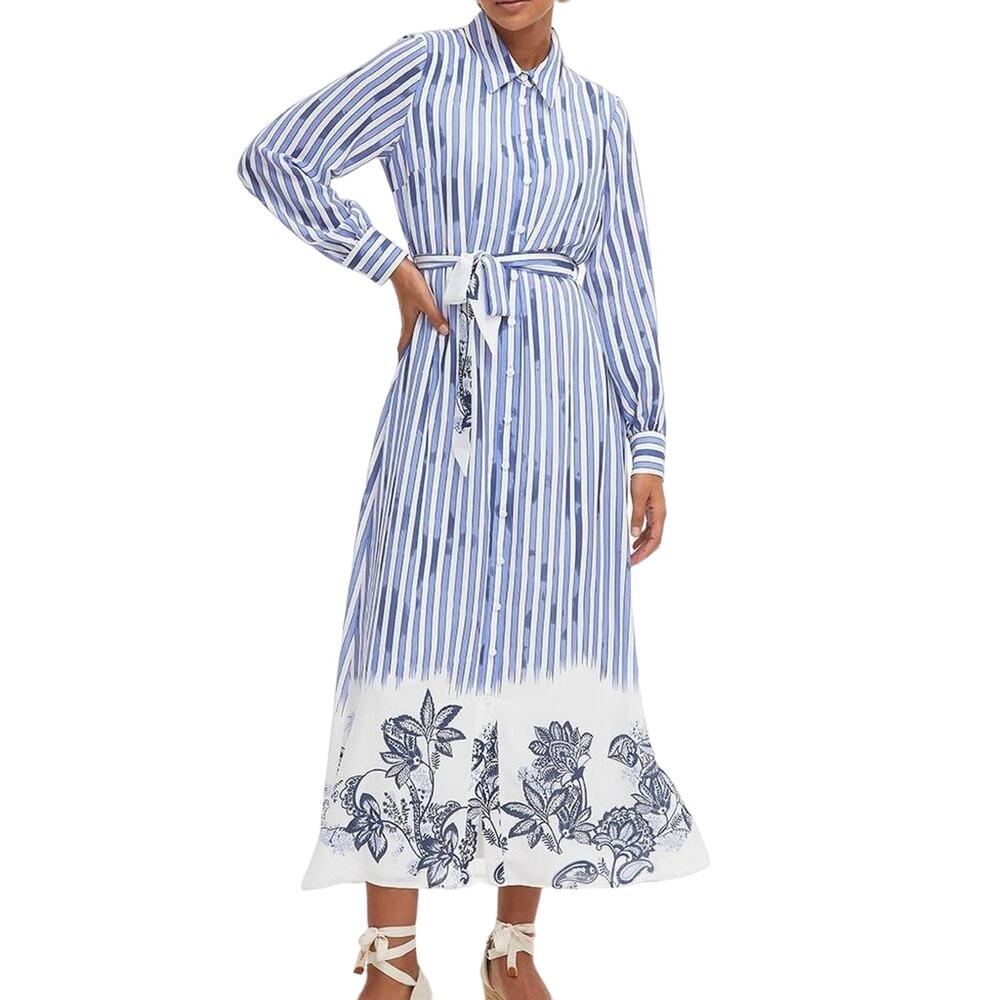 KAYRA Floral Printed Striped Navy Maxi Dress Size 44 Large